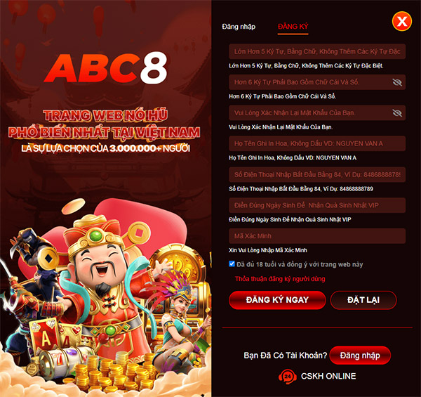 Hướng dẫn người chơi từng bước đăng ký game ABC8 Hướng dẫn người chơi từng bước đăng ký game ABC8